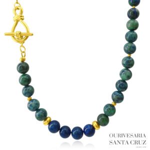 Colar de Crisocola 10mm com Fecho T de Aço Dourado