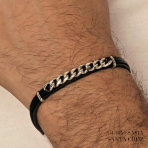 LUCA BARRA Pulseira de Couro Preto e Aço
