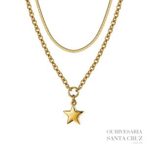LUCA BARRA Colar Duplo de Aço Dourado Duas Malhas Estrela