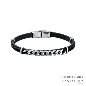 LUCA BARRA Pulseira de Couro Preto e Aço