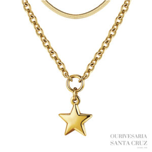 LUCA BARRA Colar Duplo de Aço Dourado Duas Malhas Estrela