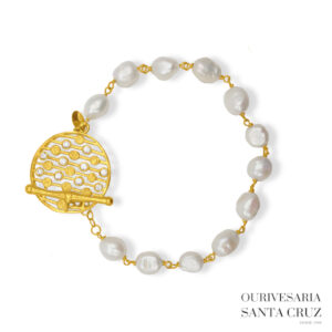 Pulseira de Pérolas de Água Doce com Fecho T de Prata 925 Dourada com Zircónias